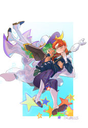 2girls amity_blight boots brown_eyes cape carrying couple eyebrow_cut green_hair halloween_costume hat kuma20151225 looking_at_viewer luz_noceda multiple_girls orange_hair pointy_ears princess_carry smile staff the_owl_house witch_hat yellow_eyes yuri