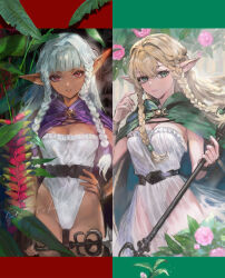 1girl absurdres aqua_hair belt blonde_hair braid breasts brown_belt cape cleavage cloak closed_mouth commentary_request dark-skinned_female dark_elf dark_skin elf eltolinde_(unicorn_overlord) floating_hair green_cape green_eyes hand_on_own_hip highres holding holding_polearm holding_weapon leotard leotard_under_clothes long_hair looking_at_viewer medium_breasts plant pointy_ears polearm purple_cape purple_cloak red_eyes rosalinde_(unicorn_overlord) see-through_clothes see-through_skirt signature skirt spear strapless tomatika twin_braids unicorn_overlord very_long_hair weapon white_leotard