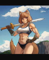 1girl abs absurdres animal_ears bare_hips bare_legs biceps breasts brown_gloves brown_hair chance8000 cleavage_cutout clothing_cutout elbow_gloves gloves highres hill holding holding_sword holding_weapon large_breasts light_smile looking_at_viewer midriff muscular muscular_female navel raccoon_ears raccoon_girl raccoon_tail raphtalia red_eyes short_hair sky sports_bikini sports_bra sports_panties sword tail tate_no_yuusha_no_nariagari weapon
