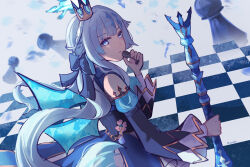 1girl blue_dress blue_eyes blue_hair cane cerydra_(honkai:_star_rail) chess_piece chessboard commentary crown dress highres holding holding_cane holding_chess_piece honkai:_star_rail honkai_(series) long_hair long_sleeves looking_at_viewer mini_crown pawn_(chess) ploomie solo