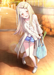 1girl :d amagasa_ikuta bag blonde_hair blurry blush brick_floor brick_road camisole collarbone colored_eyelashes denim denim_shorts depth_of_field earrings flipped_hair forehead gakuen_idolmaster grocery_bag hair_ornament hairclip highres idolmaster jewelry knees_together_feet_apart open_mouth orange_eyes parted_bangs pigeon-toed rainbow_gradient road robe rope_belt shinosawa_hiro shopping_bag shorts skinny slip-on_shoes smile solo spring_onion stud_earrings sunset sweat white_camisole white_footwear white_robe