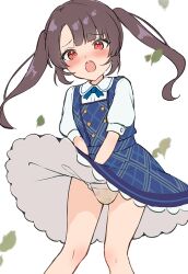 1girl blue_dress blue_ribbon blush brcl7777 brown_hair clothes_lift commentary_request diaper diaper_peek diaper_under_clothes dress dress_lift embarrassed falling_leaves feet_out_of_frame heart heart_print leaf loli long_hair looking_at_viewer neck_ribbon open_mouth original pee pee_stain peeing peeing_diaper peeing_self pinafore_dress print_diaper red_eyes ribbon shirt sidelocks sleeveless sleeveless_dress solo standing twintails v-shaped_eyebrows variant_set wet_diaper white_shirt wind wind_lift
