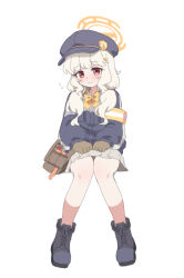 1girl aoba_(blue_archive) armband bag black_boots black_hat black_jacket blue_archive blush boots bow brown_gloves closed_mouth commentary flying_sweatdrops gloves grey_hair grey_skirt hair_over_shoulder halo hat jacket long_hair long_sleeves low_twintails newsboy_cap nyaru_(nyaru_4126) pleated_skirt puffy_long_sleeves puffy_sleeves red_eyes shoulder_bag simple_background sitting skirt sleeves_past_wrists solo twintails white_background yellow_bow