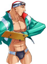 Rule 34 | 1boy, abs, absurdres, cropped legs, edaki shin&#039;ya, eyewear on head, game cg, goggles, highres, jacket, justice gakuen, looking to the side, male focus, male swimwear, moero! justice gakuen, muscular, muscular male, namikawa nagare, non-web source, official art, open clothes, open jacket, pectorals, simple background, solo, standing, swim briefs, swim cap, swim goggles, track jacket, white background