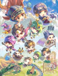 6+boys 6+others ancestor_and_descendant angel angel_wings anniversary armor bandana black_eyes black_hair blue_armor blue_eyes blue_hair blue_hat blue_helmet blue_tunic bodysuit brown_eyes brown_gloves brown_hair cape chibi circlet cloak commentary_request confetti copyright_name dracky dragon_quest dragon_quest_i dragon_quest_ii dragon_quest_iii dragon_quest_iv dragon_quest_ix dragon_quest_v dragon_quest_vi dragon_quest_vii dragon_quest_viii dragon_quest_x dragon_quest_xi earrings everyone fake_horns ghost_(dragon_quest) gloves goggles goggles_on_head goggles_on_headwear gold_earrings gold_headdress golem_(dragon_quest) green_eyes green_hair green_hat green_tunic halo hat hat_flaps healslime helmet hero_(dq1) hero_(dq10) hero_(dq11) hero_(dq3) hero_(dq4) hero_(dq5) hero_(dq6) hero_(dq7) hero_(dq8) hero_(dq9) highres holding holding_staff holding_sword holding_weapon hoop_earrings horned_helmet horns in-franchise_crossover jewelry looking_at_viewer looking_down macho_ojiji male_focus medium_hair multiple_boys multiple_others on_bed open_mouth orange_bandana orange_bodysuit parted_hair pink_cape pointing prince prince_of_lorasia purple_cloak purple_eyes purple_turban red_cape roto_(dq3) she-slime short_hair single_bang slime_(dragon_quest) spiked_hair staff sword tunic turban twitter_username weapon white_gloves white_tunic wings witch_hat yellow_eyes zenithian_sword