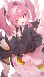 1girl absurdres bandaid bandaid_hair_ornament black_shirt black_skirt blush coral_(pokemon) crossed_bandaids fang fangs fangs_out hair_ornament highres long_hair looking_at_viewer midriff netural nintendo off-shoulder_shirt off_shoulder one_eye_closed open_mouth pink_hair pokemon pokemon_(anime) pokemon_(creature) pokemon_horizons scream_tail shirt skirt sleeves_past_fingers sleeves_past_wrists smile twintails v-shaped_eyebrows