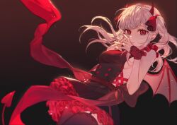 Rule 34 | 1girl, black thighhighs, blonde hair, breasts, chinese commentary, commentary request, cowboy shot, demon girl, demon horns, demon tail, demon wings, dress, floating hair, frilled dress, frills, garter straps, gradient background, hair ribbon, highres, horns, interlocked fingers, looking at viewer, medium breasts, original, own hands together, red eyes, ribbon, sash, sideboob, sideless outfit, smile, smilesmile1312, solo, tail, thighhighs, twintails, wings, wrist cuffs