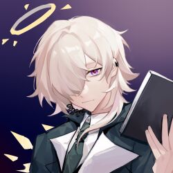 1boy arknights blonde_hair chinese_commentary closed_mouth collared_shirt commentary_request ear_piercing enforcer_(arknights) green_necktie hair_over_one_eye halo highres holding light_smile looking_at_viewer male_focus medium_hair necktie one_eye_covered piercing purple_eyes re_gaihuaqiti shirt solo upper_body white_shirt