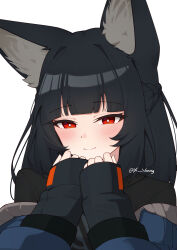 1girl animal_ears artist_name blunt_bangs blush closed_mouth earrings fox_ears fox_girl hoshimi_miyabi jewelry long_hair sidelocks simple_background smile solo upper_body white_background xsan_vanny zenless_zone_zero