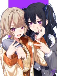Rule 34 | 2girls, absurdres, black choker, black hair, blazer, blue hair, blue horns, blush, brown hair, choker, closed mouth, commentary, fang, grey jacket, hashtag-only commentary, highres, horns, ichinose uruha, ichinose uruha (6th costume), jacket, komori met, komori met (6th costume), looking at viewer, multicolored hair, multiple girls, necktie, open clothes, open jacket, open mouth, outside border, pillarboxed, purple background, purple eyes, shirt, signature, streaked hair, tsuruya (l re10 l), two-tone hair, v, virtual youtuber, vspo!, white shirt