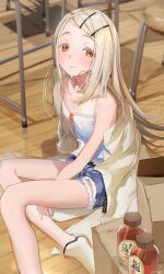 1girl absurdres bare_arms blonde_hair blush bottle box cardboard_box chair closed_mouth commentary_request cross-laced_clothes cross-laced_top cutoffs denim denim_shorts foot_out_of_frame forehead gakuen_idolmaster hair_ornament hairclip highres idolmaster indoors jacket jacket_partially_removed long_hair no_socks on_floor orange_eyes parted_bangs raised_eyebrows shinosawa_hiro shirt shoes short_shorts shorts sitting sleeveless sleeveless_shirt smile solo spaghetti_strap straight_hair sweat uouokuma white_shirt wooden_floor yellow_jacket