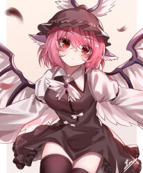1girl absurdres animal_ears bird_ears bird_wings blush breasts brown_dress brown_hat brown_thighhighs closed_mouth collared_shirt commentary dress english_commentary hair_between_eyes hat highres leaning_forward long_sleeves medium_hair mystia_lorelei pillarboxed pinafore_dress pink_background pink_eyes pink_hair purple_wings shirt signature sleeveless sleeveless_dress solo thighhighs thighs top-exerou touhou white_shirt winged_hat wings