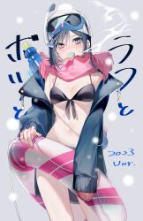 1girl 2023 beanie bikini black_hair blue_eyes breasts contrapposto cowboy_shot food food_in_mouth gloves goggles goggles_on_head grey_background gun gun_on_back hat highres holding holding_swim_ring ice_cream innertube jacket miwano_rag navel open_clothes open_jacket original scarf simple_background single_glove small_breasts solo standing swim_ring swimsuit water_gun weapon weapon_on_back