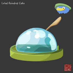 arrow_(symbol) artist_logo artist_name cake character-themed_food character_name food food_focus food_name gen_3_pokemon grey_background highres logo lotad nintendo no_humans pokemon pokemon_(creature) raindrop_cake simple_background yuki00yo