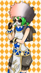 Rule 34 | 1girl, afro, black gloves, blue shirt, blue thighhighs, brown shorts, closed mouth, commentary request, cowboy shot, cross, cross print, expressionless, fake facial hair, fake mustache, fingerless gloves, gloves, green hair, looking at viewer, looking over eyewear, meiko (nattu303), orange background, pelvic curtain, ragnarok online, red eyes, shirt, short hair, shorts, sleeveless, sleeveless shirt, solo, sunglasses, super novice (ragnarok online), thighhighs, turtleneck, turtleneck shirt, twirling mustache, two-tone shirt, white shirt, wig