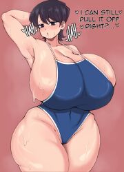 Rule 34 | 1girl, arm up, armpits, black eyes, black hair, blush, breasts, dantes (reecedantes), gigantic breasts, highleg, highleg one-piece swimsuit, highres, huge breasts, komi-san wa komyushou desu, komi shuuko, looking at viewer, one-piece swimsuit, short hair, solo, swimsuit, thick thighs, thighs, wide hips
