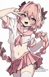 1boy astolfo_(fate) astolfo_(sailor_paladin)_(fate) black_bow black_ribbon blush bow braid commentary crop_top crossdressing fate/grand_order fate_(series) hair_bow hair_ribbon holding holding_own_hair long_hair looking_at_viewer male_focus microskirt midriff multicolored_hair neckerchief open_mouth pink_hair pink_neckerchief pink_sailor_collar pink_serafuku pink_skirt pleated_skirt purple_eyes ribbon sailor_collar school_uniform serafuku single_braid skirt solo streaked_hair thighhighs trap v v_over_eye very_long_hair white_hair white_thighhighs yoruhachi
