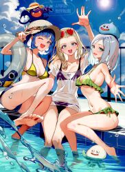 3girls :d alternate_costume anlucea aqua_eyes barefoot bikini blonde_hair blue_eyes blue_hair blue_sky blunt_bangs blurry blurry_background bob_cut bow breasts cleavage cloud commentary_request creature_on_head cutoffs day dracky dragon_quest dragon_quest_x eyewear_on_head fence goggles goggles_on_headwear green_bikini green_bow grey_hair groin_tendon hair_slicked_back hand_up hat heart heart-shaped_eyewear highres holding holding_swim_ring illusia_(dq10) innertube long_hair looking_at_viewer looking_to_the_side man_o&#039;_war_(dragon_quest) medium_breasts medium_hair mole mole_under_mouth multiple_girls navel numao_sub one_eye_closed open_mouth parted_hair platypunk pool poolside purple_bikini reaching reaching_towards_viewer red-tinted_eyewear see-through_clothes see-through_shirt seraphy_(dq10) shirt short_hair sideboob sky slime_(dragon_quest) smile splashing straw_hat swim_ring swimsuit tinted_eyewear underboob v water wet wet_clothes wet_shirt yellow_bikini
