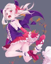 Rule 34 | 1girl, :o, ass, bad id, bad pixiv id, bloomers, blouse, blush, bow, breasts, center frills, demon girl, demon horns, demon tail, demon wings, elbow gloves, fate/grand order, fate/stay night, fate (series), female focus, frilled skirt, frills, gloves, green background, horn bow, horn ornament, horn ribbon, horns, illyasviel von einzbern, illyasviel von einzbern (halloween petite devil), no panties, open mouth, platinum blonde hair, purple shirt, red bow, red eyes, red gloves, red ribbon, red shoes, red skirt, ribbon, shirt, shoes, skirt, sleeveless, small breasts, socks, solo, tail, tanaka kii, tears, triangle, underwear, unworn bloomers, white bloomers, white socks, wings
