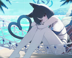 1girl absurdres animal_ears barefoot beach bikini black_eyes black_hair blue_archive blue_bikini blue_halo blue_sky bright_pupils cat_ears cat_girl cat_tail closed_mouth cloud commentary day goeleu halo hammock highres kikyou_(blue_archive) kikyou_(swimsuit)_(blue_archive) knees_up looking_at_viewer multi-strapped_bikini_bottom multi-strapped_bikini_top multiple_tails nekomata ocean outdoors revision side-tie_bikini_bottom sitting sky smile solo swimsuit tail two_tails white_pupils