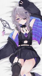 1girl absurdres alternate_hairstyle bandaid bandaid_on_knee bandaid_on_leg black_jacket black_shirt black_skirt castellayaki chest_jewel detached_collar eyepatch frilled_shirt frilled_thighhighs frills gem grey_hair highres hololive hololive_english jacket jewel_under_eye koseki_bijou koseki_bijou_(casual) lying medium_hair metal_wings miniskirt official_alternate_costume on_back purple_eyes purple_gemstone purple_shorts shirt shorts shorts_under_skirt single_thighhigh skirt solo thighhighs virtual_youtuber wolf_cut