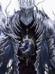 Rule 34 | 2boys, armor, black boots, black capelet, black gloves, blue pants, boots, breastplate, capelet, chain, elden ring, elden ring nightreign, full body, gloves, greatsword, helmet, heolstor the nightlord, highres, knees up, long sleeves, male focus, multiple boys, pants, pauldrons, shoulder armor, sitting, sword, weapon, white background, winged helmet, wylder (elden ring), yujia0412