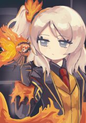 Rule 34 | 2girls, ardor blossom star (e.g.o), black coat, black gloves, black shirt, blue eyes, brown hairband, closed eyes, coat, collared shirt, e.g.o (project moon), faust (project moon), fiery wings, gloves, hairband, hand up, highres, ishmael (project moon), jacket, lapels, lce (identity) (project moon), limbus company, long hair, looking to the side, medium hair, mini person, minigirl, multiple girls, necktie, noconoko, orange hair, orange jacket, project moon, red necktie, rope, shirt, side ponytail, sidelocks, very long hair, vest, white hair, wings, yellow vest