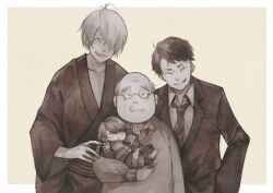 ._. 4boys aged_down bald closed_eyes commentary_request formal_clothes gegege_no_kitarou hair_over_one_eye japanese_clothes kitarou kitarou_tanjou:_gegege_no_nazo male_focus medama_oyaji medama_oyaji_(human) mizuki_(gegege_no_kitarou) mizuki_shigeru multiple_boys nejimaki_oz old old_man one_eye_covered scar scar_across_eye scar_on_face short_hair simple_background smile suit toddler upper_body