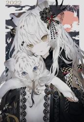 Rule 34 | 1girl, 2022, absurdres, animal, animal ears, black nails, border, bow, chinese zodiac, commentary request, ear ribbon, fangs, fur scarf, hair between eyes, hair ornament, highres, holding, holding animal, kanzashi, kotarou (kot mochi), lace-trimmed sleeves, lace trim, long hair, long sleeves, looking at viewer, nail art, nail polish, original, outside border, parted lips, slit pupils, smile, solo, tiger, tiger ears, tiger girl, upper body, wavy hair, white border, white hair, white tiger, wide sleeves, year of the tiger, yellow eyes
