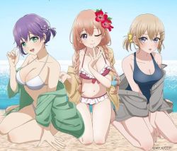 amano_erika bikini braid jpeg_artifacts kakkou_no_iinazuke one-piece_swimsuit one_eye_closed segawa_hiro swimsuit twin_braids umino_sachi_(kakkou_no_iinazuke) wink