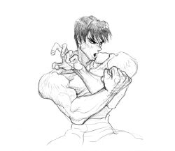 1boy black_hair clenched_hand fei_long fighting_stance forked_eyebrows game_cg greyscale hands_up highres looking_to_the_side male_focus monochrome muscular muscular_male nishimura_kinu non-web_source official_art open_mouth solo street_fighter street_fighter_ii_(series)