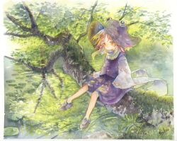 Rule 34 | 1girl, absurdres, black shoes, blonde hair, border, commentary request, full body, hair ribbon, highres, lily pad, loafers, long sleeves, looking at viewer, medium hair, moriya suwako, on branch, painting (medium), purple skirt, purple vest, red ribbon, reflection, reflective water, ribbon, shirt, shoes, signature, sitting, skirt, solo, syukou, touhou, traditional media, tress ribbon, vest, water, watercolor (medium), white border, white shirt, wide sleeves, yellow eyes