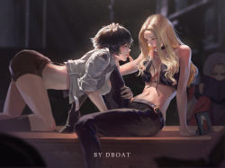 Rule 34 | 1boy, 2girls, absurdres, all fours, artist name, bare shoulders, belt, black hair, blonde hair, blurry, blurry background, blush, breasts, cleavage, commentary, cropped jacket, dante (devil may cry), dark background, dboat, desk, devil may cry (series), devil may cry 5, eva (devil may cry), food, hand on another&#039;s head, highres, huge filesize, hugging another&#039;s leg, lady (devil may cry), large breasts, leather, leather pants, light rays, long hair, looking at another, medium breasts, multiple girls, pants, picture frame, pizza, purple eyes, reading, red eyes, shared food, short hair, short shorts, shorts, smile, trish (devil may cry), undone