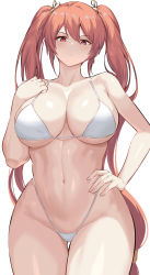 1girl bad_id bad_pixiv_id bikini breasts character_request cleavage closed_mouth commentary_request cowboy_shot dungeon_and_fighter earrings hair_ornament hand_on_own_hip hand_up highleg highleg_bikini highres jewelry kook korean_commentary large_breasts long_hair looking_at_viewer navel ophelia_bagrans red_eyes red_hair sideboob simple_background solo swimsuit thighs twintails underboob white_background white_bikini