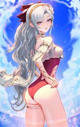 1girl ass back_cutout bare_shoulders blue_eyes blue_sky bow breasts carlotta_(splashing_summer)_(wuthering_waves) carlotta_(wuthering_waves) choker clothing_cutout commentary cowboy_shot day english_commentary from_side gold_hairband grey_hair hair_bow hairband highres long_hair looking_at_viewer mcdobo medium_breasts multicolored_eyes off-shoulder_one-piece_swimsuit off_shoulder official_alternate_costume one-piece_swimsuit outdoors parted_bangs parted_lips pink_bow pink_eyes pink_one-piece_swimsuit sky smile solo striped_bow swimsuit tacet_mark_(wuthering_waves) thighs two-tone_eyes very_long_hair wuthering_waves