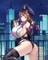 Rule 34 | 1girl, alternate breast size, alternate costume, ass, black boots, black gloves, black shorts, boots, braid, breasts, brown hair, building, cityscape, clipboard, closed mouth, collared shirt, commission, elbow gloves, gloves, green eyes, hat, high-waist shorts, highres, holding, holding clipboard, huge breasts, id card, kantai collection, long hair, looking at viewer, micro shorts, necktie, night, noshiro (kancolle), peaked cap, pixiv commission, police, police badge, police hat, police uniform, policewoman, purple necktie, shirt, shorts, sideboob, skyscraper, sleeveless, sleeveless shirt, solo, thigh boots, tk8d32, twin braids, white shirt