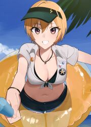 Rule 34 | 1girl, :d, absurdres, beach, bikini, bikini under clothes, bikini under shorts, blonde hair, blush, bracelet, breasts, buoy, cleavage, cloud, denim, denim shorts, food, garuku1120, highres, holding, holding food, holding popsicle, idolmaster, idolmaster shiny colors, jewelry, light blush, looking at viewer, medium breasts, midriff, navel, necklace, ocean, open mouth, outdoors, palm tree, popsicle, purple eyes, saijo juri, shirt, short hair, short sleeves, shorts, sky, smile, solo, stomach, swimsuit, teeth, tied shirt, tree, visor cap, water, white shirt