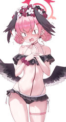&lt;|&gt;_&lt;|&gt; 1girl 3: absurdres bare_shoulders bikini bikini_skirt black_bikini blue_archive blush cameltoe collarbone cowboy_shot embarrassed feathered_wings frilled_bikini frills halo halterneck hands_up head_wings head_wreath highleg highres koharu_(blue_archive) koharu_(swimsuit)_(blue_archive) long_hair looking_at_viewer low_wings navel off-shoulder_bikini off_shoulder open_mouth pink_hair pn_(wnsl216) scrunchie side-tie_bikini_bottom slit_pupils solo standing stomach string_bikini swimsuit thigh_strap thighs twintails wavy_mouth wet wings wrist_scrunchie