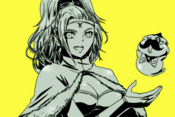1girl 1other :d asymmetrical_bangs breasts bridal_gauntlets capelet character_request circlet cleavage commentary_request dragon_quest dragon_quest_x facial_hair fur-trimmed_capelet fur_trim greyscale_with_colored_background high_ponytail large_breasts looking_to_the_side monocle mustache open_mouth ozogori_(user_tzaz2447) ponytail rinka_(dq10) smile upper_body yellow_background