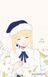 Rule 34 | 1girl, artoria pendragon (fate), blonde hair, blouse, blue ribbon, closed eyes, fate/stay night, fate (series), flower, fur-trimmed headwear, fur trim, hair ribbon, hat, highres, lily (flower), pom pom (clothes), ribbon, saber (fate), santa hat, seraphu00, shirt, sidelocks, smile, solo, twitter username, white shirt