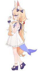 1girl absurdres animal_ears bare_shoulders blonde_hair blue_hair cat_ears cat_girl daseinsu dress fins fish_tail from_side full_body highres indie_virtual_youtuber long_hair multicolored_hair profile sameko_saba shark_girl shark_tail simple_background solo streaked_hair tail two-tone_hair virtual_youtuber white_background white_dress