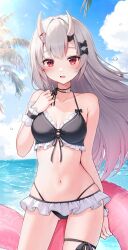 1girl alternate_costume bikini black_bikini black_bow blue_sky blush bow breasts cleavage cloud commentary_request cowboy_shot cross-laced_bikini cross-laced_clothes day fang floating_hair frilled_bikini frilled_wrist_cuffs frills front-tie_bikini_top front-tie_top gluteal_fold gradient_hair grey_hair hair_between_eyes hair_between_horns hair_bow halterneck hand_up highleg highleg_bikini highres holding holding_swim_ring hololive horns innertube long_hair looking_at_viewer medium_breasts multi-strapped_bikini_bottom multicolored_hair nakiri_ayame navel ocean oni open_mouth outdoors red_eyes red_hair skin-covered_horns skin_fang sky solo straight-on streaked_hair swim_ring swimsuit tyabesu very_long_hair virtual_youtuber wrist_cuffs