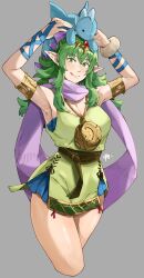 1girl absurdres alternate_costume armlet belt blue_eyes blush breasts cleavage cosplay dragon dragon_girl dress fire_emblem fire_emblem:_mystery_of_the_emblem fire_emblem:_shadow_dragon_and_the_blade_of_light fire_emblem_awakening fire_emblem_heroes green_dress green_eyes green_hair hair_ornament hair_ribbon highres holding holding_stuffed_toy holding_toy jewelry large_breasts long_hair looking_at_viewer nintendo official_alternate_costume pendant pink_scarf pointy_ears ponytail purple_scarf ribbon sakuremi scarf short_dress simple_background sleeveless_tunic smile solo stuffed_animal stuffed_dragon stuffed_toy tiara tiki_(adult)_(fire_emblem) tiki_(fire_emblem) tiki_(fire_emblem)_(cosplay) tiki_(young)_(dragon&#039;s_progeny)_(fire_emblem) tiki_(young)_(fire_emblem) tiki_(young)_(fire_emblem)_(cosplay) tongue tongue_out toy