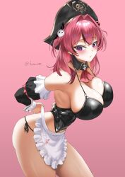 1girl absurdres adjusting_apron apron arm_bow bare_shoulders black_collar black_corset black_hat black_panties black_ribbon black_sleeves blush bow breasts collar collarbone corset detached_collar detached_sleeves earrings frilled_apron frills goddess_of_victory:_nikke hair_intakes hair_ornament hair_ribbon hat heart heart_earrings heart_in_eye highres jewelry kuremon large_breasts long_hair looking_down maid_apron mast_(nikke) mast_(romantic_maid)_(nikke) multicolored_hair panties pink_background pink_bow pink_eyes pink_hair pirate_hat ribbon side-tie_panties simple_background skull_collar skull_hair_ornament sleeve_garter solo streaked_hair stud_earrings symbol_in_eye thighs twitter_username two-tone_hair underwear waist_apron white_apron white_wrist_cuffs wrist_cuffs