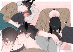 1boy 1girl alternate_costume asymmetrical_horns black_hair black_horns black_shirt blue_eyes blush brown_hair ear_piercing earrings hetero highres horns jewelry kiss kissing_neck korean_text medium_hair multiple_rings nijisanji nijisanji_en pants piercing pointy_ears ren_zotto ring shirt short_hair short_sleeves sleeping stud_earrings sweatpants uneven_horns yoy_(0yyoyy0)