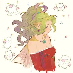 1girl bare_shoulders cape character_name closed_mouth commentary creature dress earrings english_commentary final_fantasy final_fantasy_vi green_hair highres jewelry light_smile moogle necklace ponytail profile red_dress sidelocks sparkle strifvs tina_branford upper_body wings