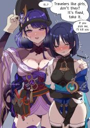 2girls absurdres asymmetrical_legwear averting_eyes bare_shoulders black_leotard black_thighhighs blue_sash blush breasts cleavage clenched_teeth commentary_request cowboy_shot embarrassed english_text eyeshadow genderswap genderswap_(mtf) genshin_impact gloves grey_hair hand_on_another&#039;s_shoulder highres holding_own_arm japanese_clothes kimono korean_commentary large_breasts leotard long_hair looking_at_viewer low-braided_long_hair low-tied_long_hair makeup mask_lift mother_and_daughter multiple_girls obi open_mouth purple_eyes purple_hair purple_kimono purple_nails purple_shrug purple_thighhighs raiden_shogun red_eyeshadow red_sash sash scaramouche_(genshin_impact) short_hair short_kimono shrug_(clothing) simple_background single_bare_shoulder single_glove small_breasts smile speech_bubble standing sweat teeth thighhighs trembling twitter_username very_long_hair vision_(genshin_impact) vitashogun wanderer_(genshin_impact) welding_mask white_gloves