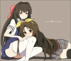 Rule 34 | 00s, 2boys, black thighhighs, blush, bow, brown eyes, brown hair, clannad, company connection, crossdressing, crossover, hairband, key (company), kl (dgzonbi), little busters!, long hair, male focus, multiple boys, naoe riki, panties, pantyshot, pink bow, plaid clothes, plaid skirt, ribbon, school uniform, shima katsuki, sitting, skirt, thighhighs, trap, underwear, white thighhighs, yellow eyes
