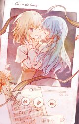 2girls bang_dream! bang_dream!_it&#039;s_mygo!!!!! black_ribbon blonde_hair blue_hair commentary couple fake_screenshot hair_ribbon highres long_hair long_sleeves medium_hair misumi_uika multiple_girls ribbon sayasora shirt short_sleeves sidelocks symbol-only_commentary togawa_sakiko white_shirt yuri