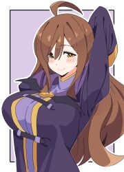 1girl ahoge arm_up blush border breasts brown_eyes brown_hair closed_mouth commentary cross hair_between_eyes highres kono_subarashii_sekai_ni_shukufuku_wo! large_breasts latin_cross long_hair long_sleeves looking_at_viewer noyama_takenoko outline outside_border purple_background purple_robe robe simple_background solo upper_body white_border white_outline wiz_(konosuba)